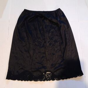 Vintage Vanity Fair Black Half Slip-Large-Lace Trim-Elastic Waist-Slit-Skirt